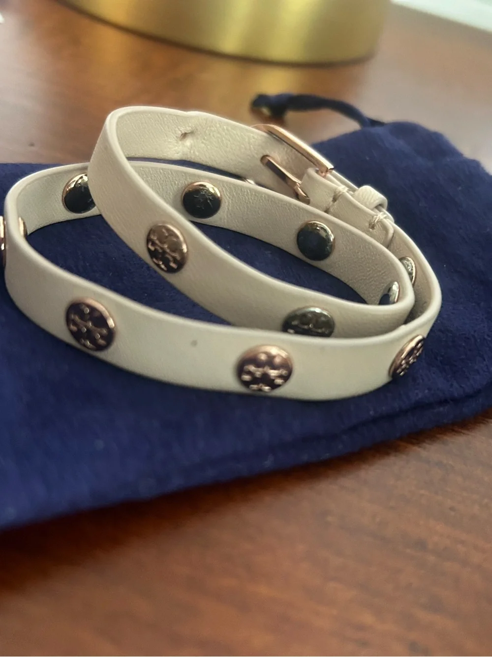 Tory Burch Cream Leather Double-Wrap Bracelet with Gold Logo Accents